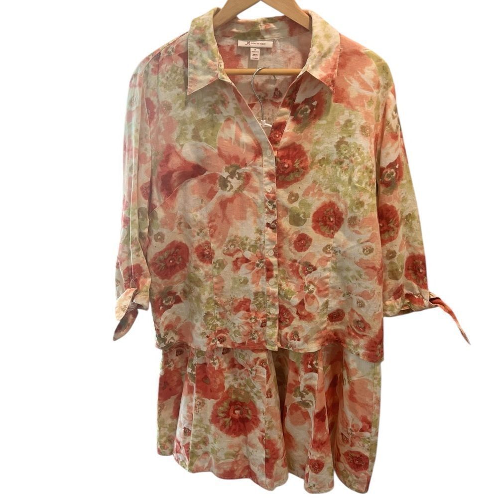JM Collection Floral Linen Button Front Top & Skirt Set Size 14